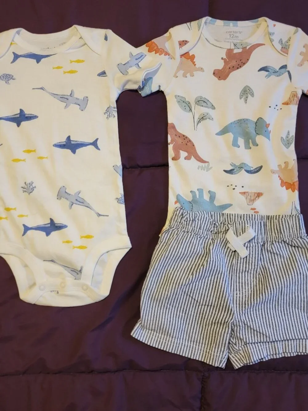 Baby Boy 12M Summer Outfit Lot | Carter’s Bodysuits + Striped Shorts
